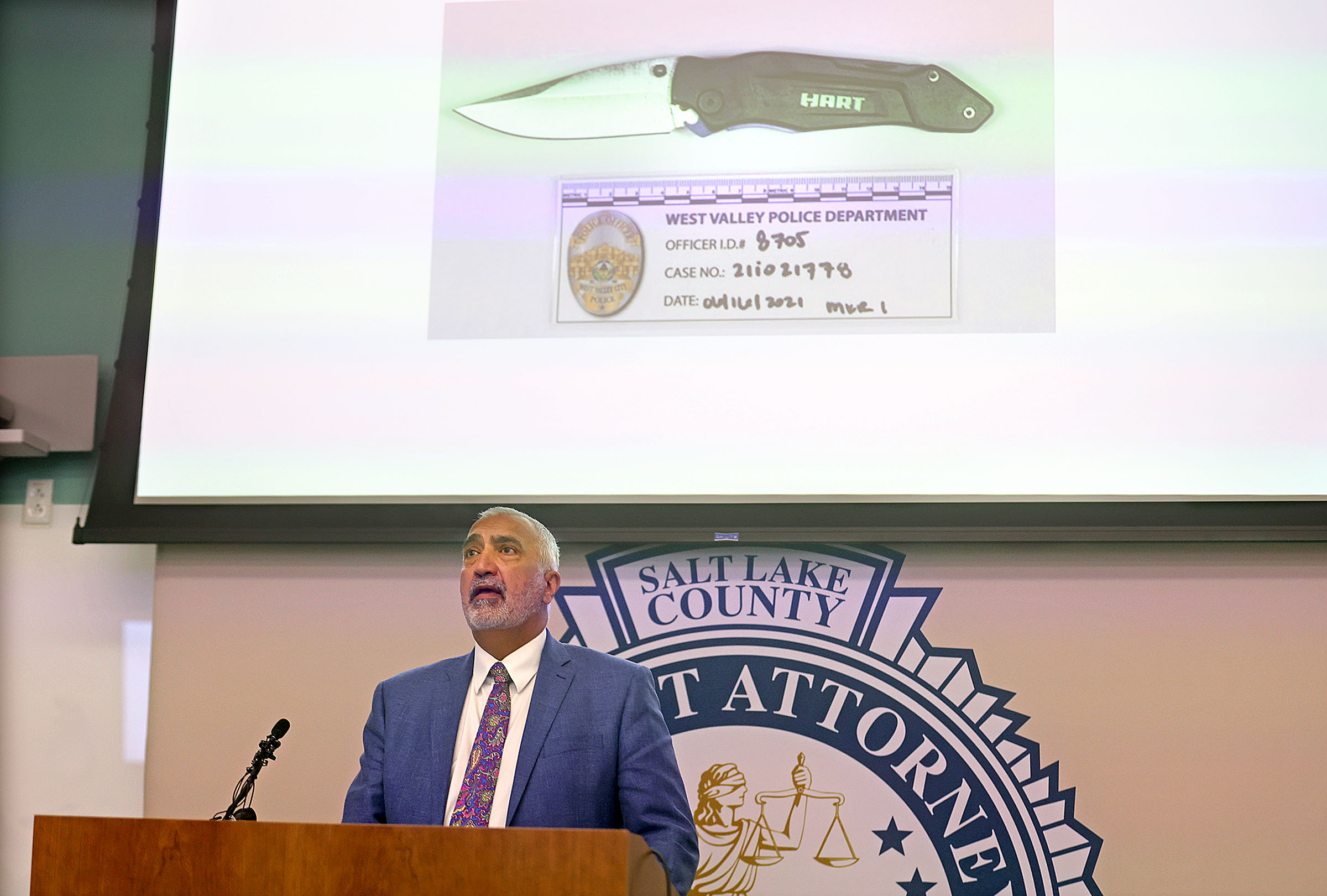 Salt Lake County District Attorney Sim Gill speaks during a press conference in Salt Lake City on Friday. Gill determined that Salt Lake police officers Nathan Harward and Darren Austill were legally justified when they shot and killed Rezek Yaqub Yahya on June 10. Gill said Yahya was holding a knife and running at police, shortly after stabbing a woman.