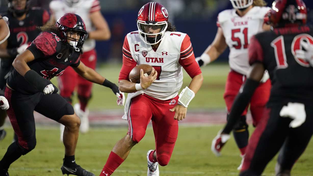 Utah quarterback Cameron Rising (7) runs the ball during the second half of an NCAA college football game against San Diego State Saturday, Sept. 18, 2021, in Carson, Calif.
