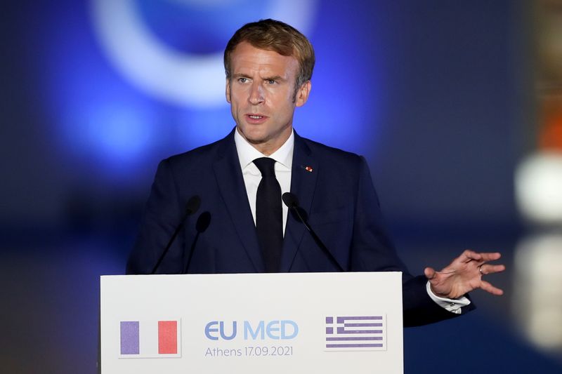 French President Emmanuel Macron delivers a statement during the 8th MED7 Mediterranean countries summit, in Athens, Greece, on Friday.