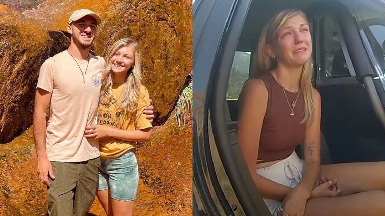Gabby Petito is shown with fiance, Brian Laundrie, left, and in an image taken from body camera footage from Moab police in Utah on Aug. 12.