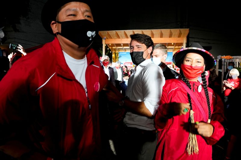 Canada's Liberal Prime Minister Justin Trudeau films a social media video with Karmen Omeasoo and Lisa Muswagon at an election campaign stop on the last campaign day before the election, in Winnipeg, Manitoba, Canada, on Sept. 19.