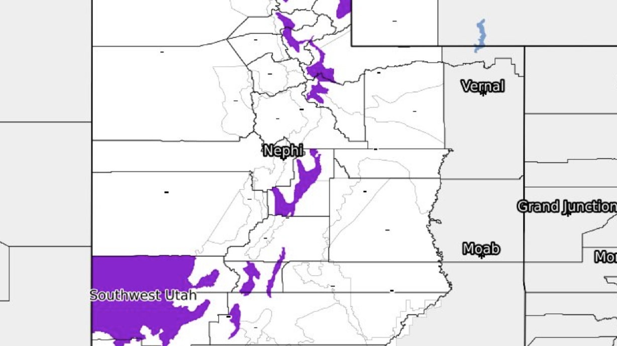 This map shows where hard freeze warnings will go into effect at midnight on Tuesday. Temperatures in those areas are expected to fall below the freezing point.