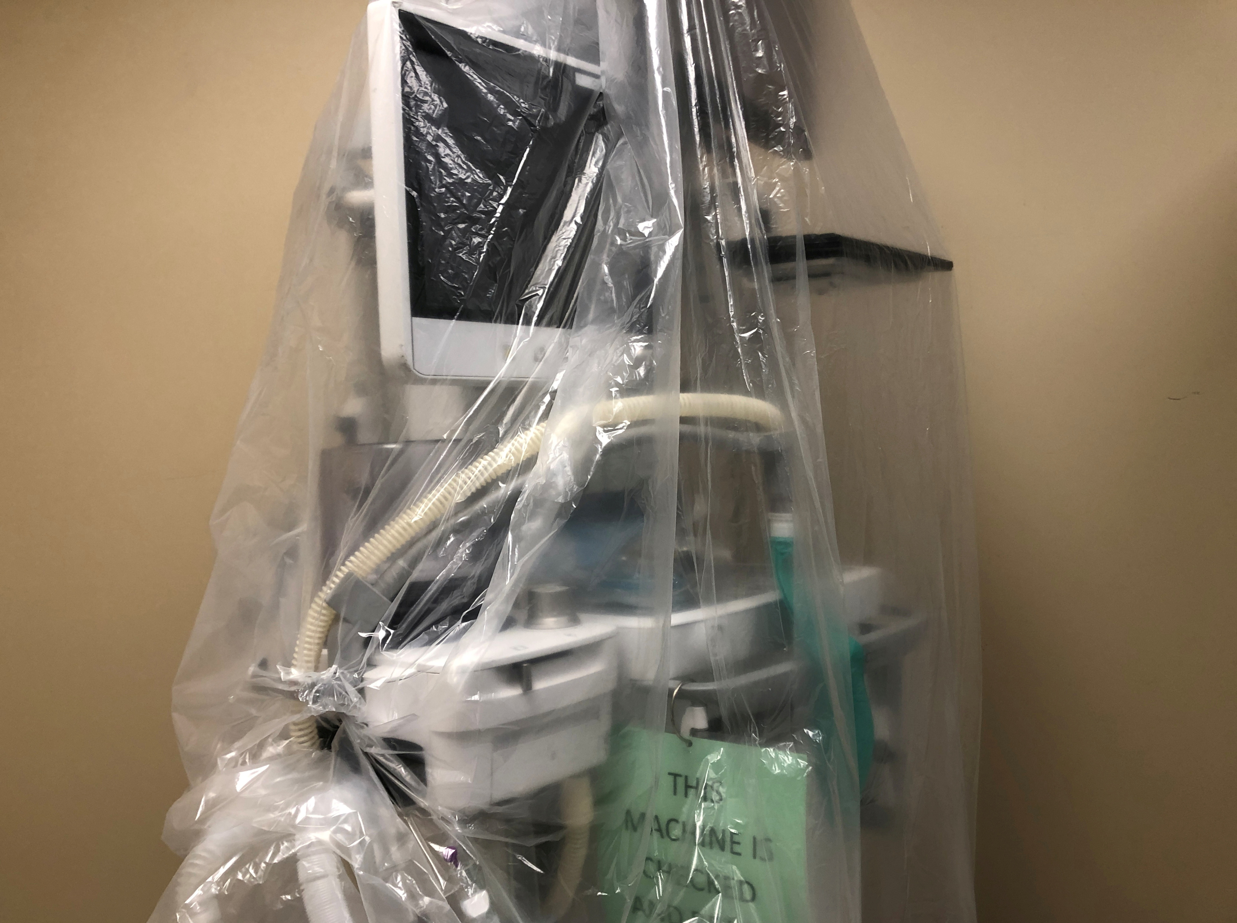 An anesthesia machine, which would be used as a backup in the event of a ventilator shortage for coronavirus disease cases, is seen in a Maryland hospital. Shortages of masks and gloves that marked the early days of the COVID-19 pandemic have spread to a host of other items needed at medical facilities.