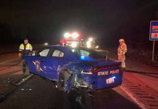 A crashed state police car is seen in Eaton County, Michigan, on March 17, 2021, in this picture obtained from social media. Government officials are scrutinizing twelve accidents involving Tesla's Autopilot as part of the agency's farthest-reaching investigation since Tesla introduced the semi-autonomous driving system in 2015.