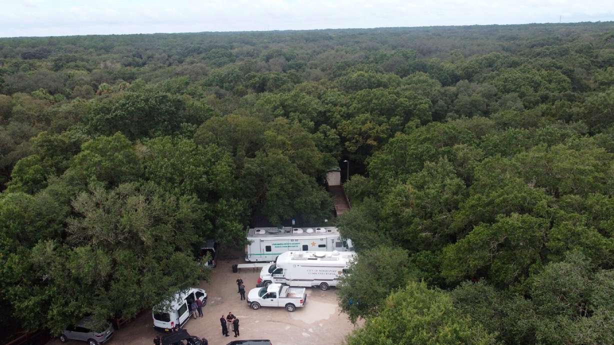 Law enforcement officials search for Brian Laundrie Saturday in the vast Carlton Reserve in Florida. Police will resume their search there Tuesday.