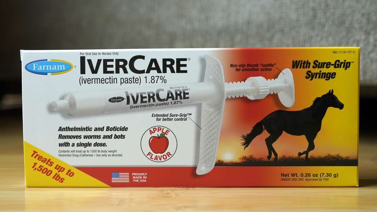 An IverCare brand package containing a syringe of ivermectin — a drug used to kill worms and other parasites — intended for use in horses only, is shown Sept. 10, in Olympia, Wash. Utah health officials issued a warning Tuesday about using the drug for COVID-19 after a hospital treated a patient who suffered severe side effects.