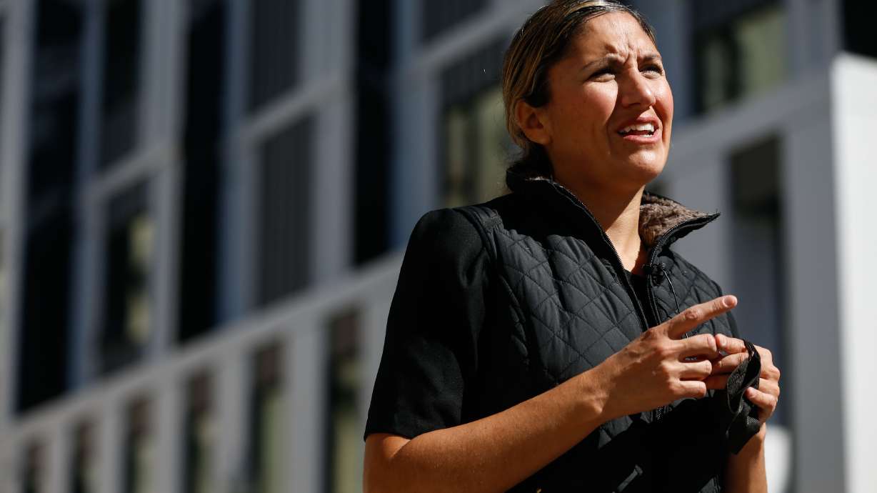 Ana Valdemoros, chairwoman of the board of director's of Salt Lake City’s redevelopment agency, speaks during a press conference announcing a notice of funding availability for the development of affordable housing in the city on Tuesday.