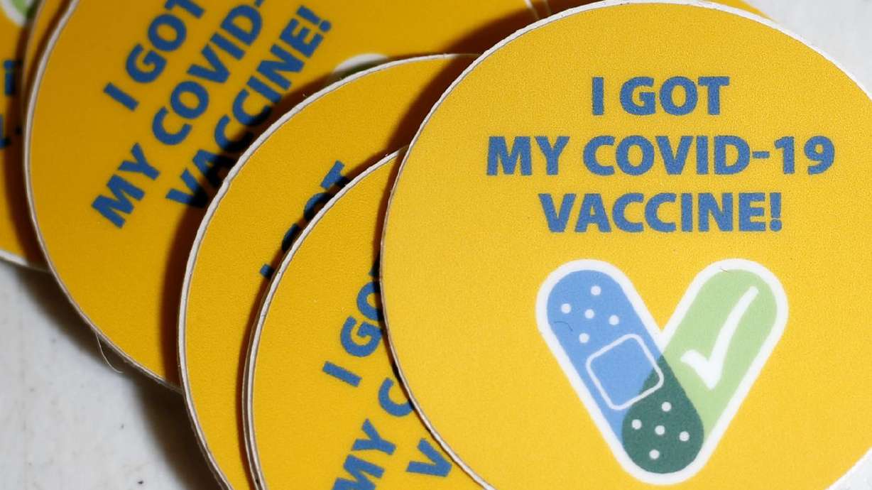 Stickers for people who get COVID-19 vaccinations are pictured at the South Davis Senior Activity Center in Bountiful on Aug. 25.