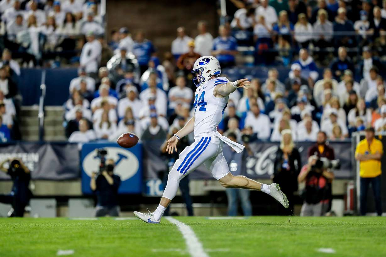 BYU punter Ryan Rehkow lets loose a punt during the Cougars' 27-17 win over No. 17 Arizona State, Saturday, Sept. 18, 2021 in Provo.