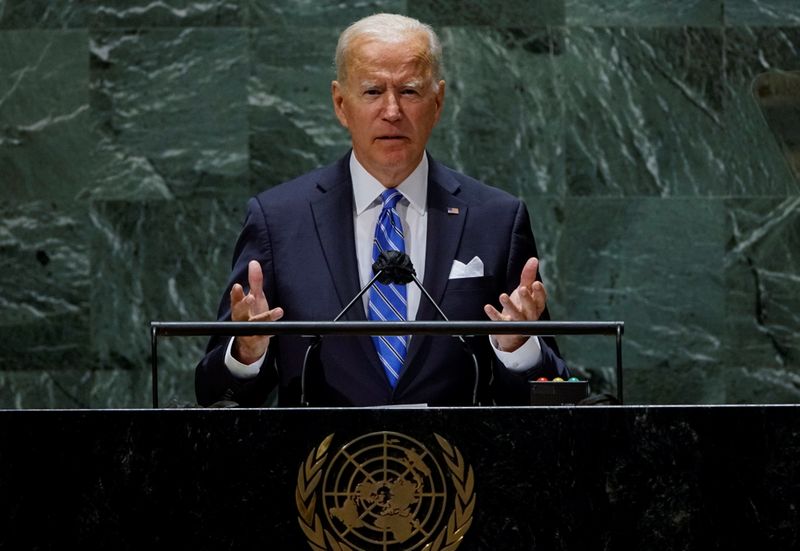 President Joe Biden speaks during the 76th Session of the U.N. General Assembly in New York City, Tuesday. He will push world leaders on Wednesday to do more to curb the COVID-19 pandemic.