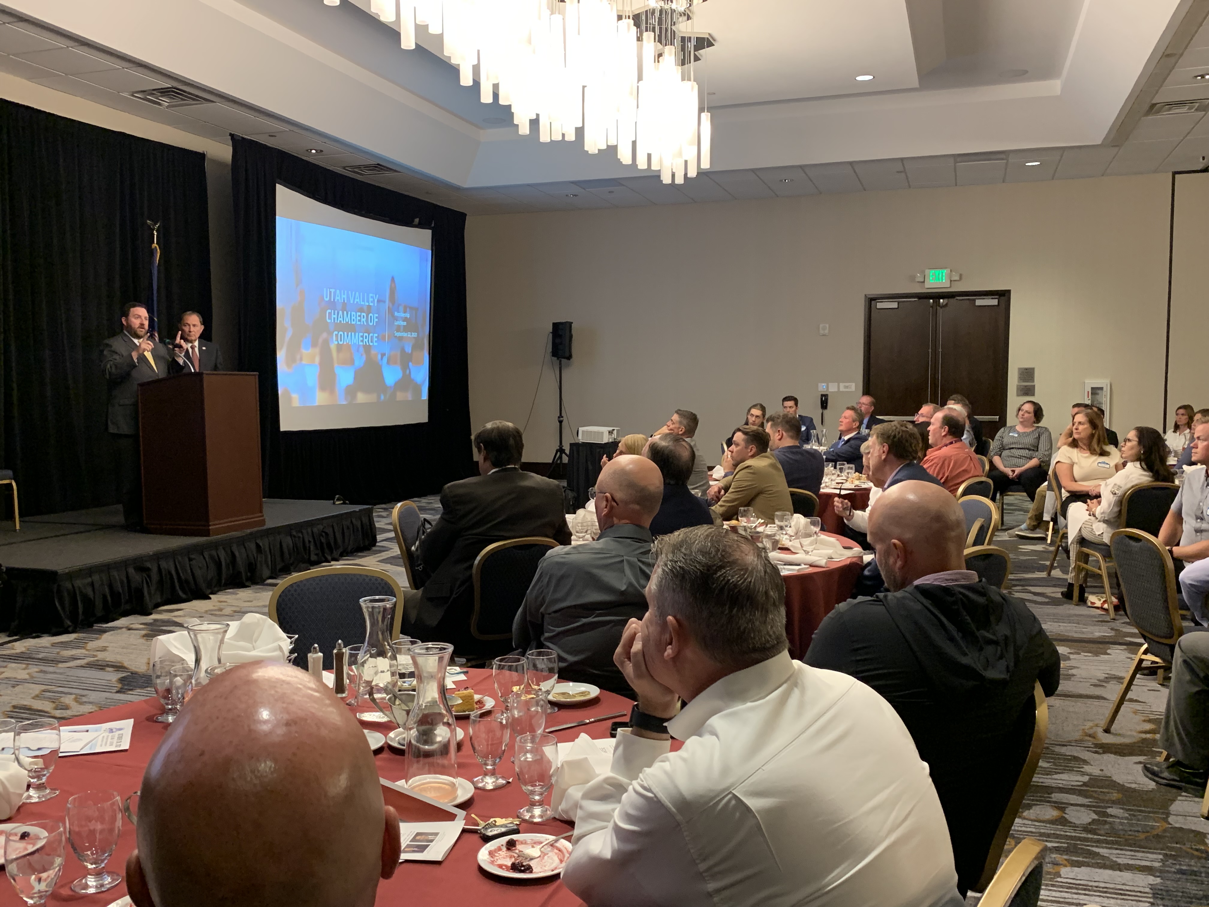 Former Gov. Gary Herbert and Rep. Robert Spendlove discuss how the economy is bouncing back after the COVID-19 pandemic at a Utah County Chamber of Commerce Event on Tuesday.