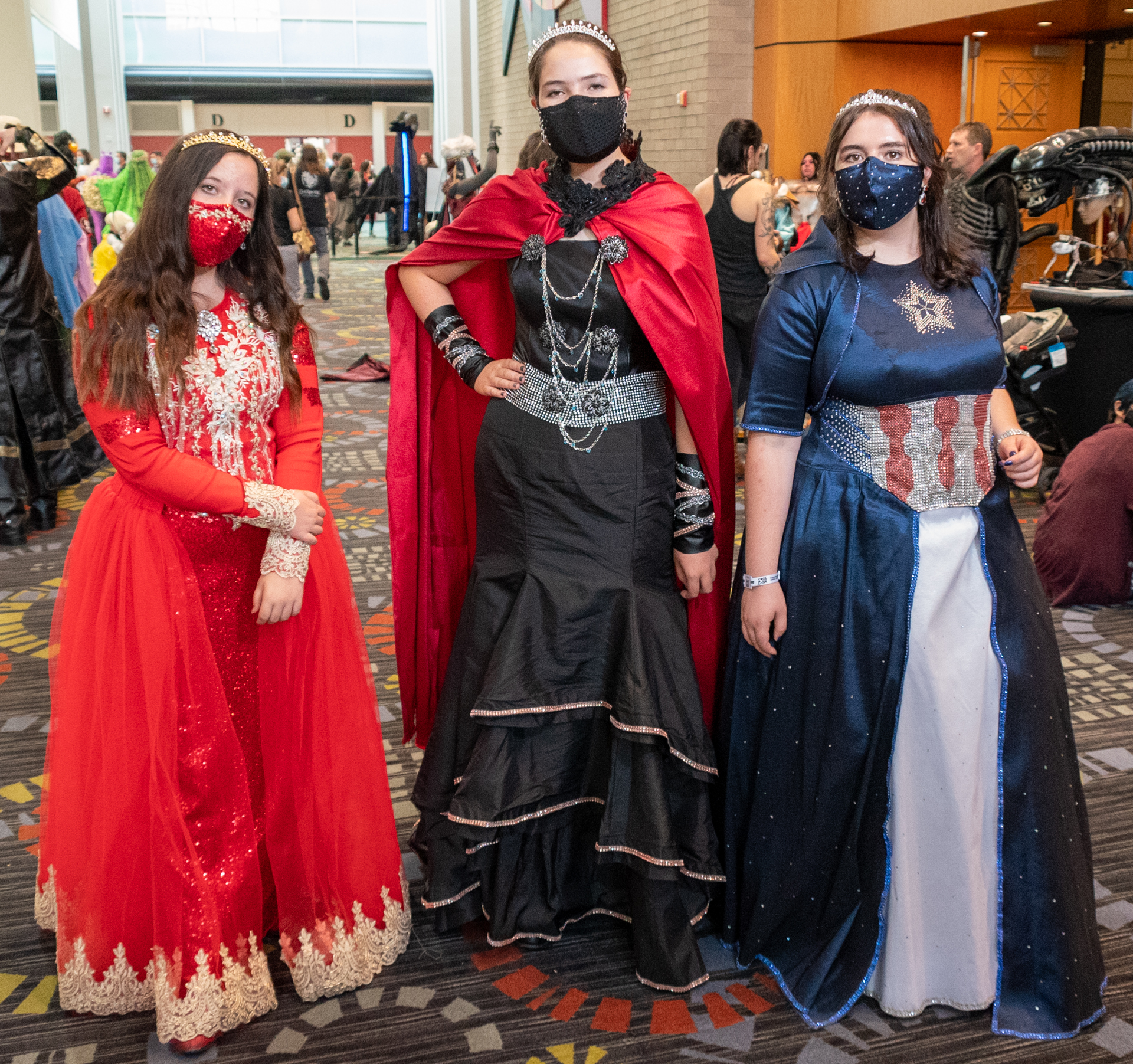 Princess Iron Man, Princess Thor and Princess Captain America cosplays made by Julie Whiteley at the 2021 FanX Salt Lake Comic Convention in downtown Salt Lake City.