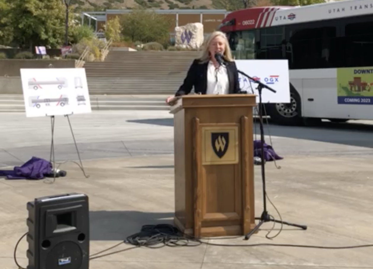 Beth Holbrook, a member of the UTA Board of Trustees, speaks during a press conference Wednesday announcing the new name of the BRT project in Ogden. The future bus system is expected to be completed by 2023.