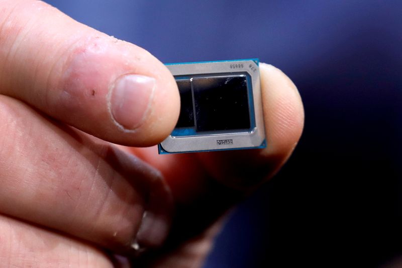 An Intel Tiger Lake chip is displayed at an Intel news conference in Las Vegas, Nevada, Jan. 6, 2020.