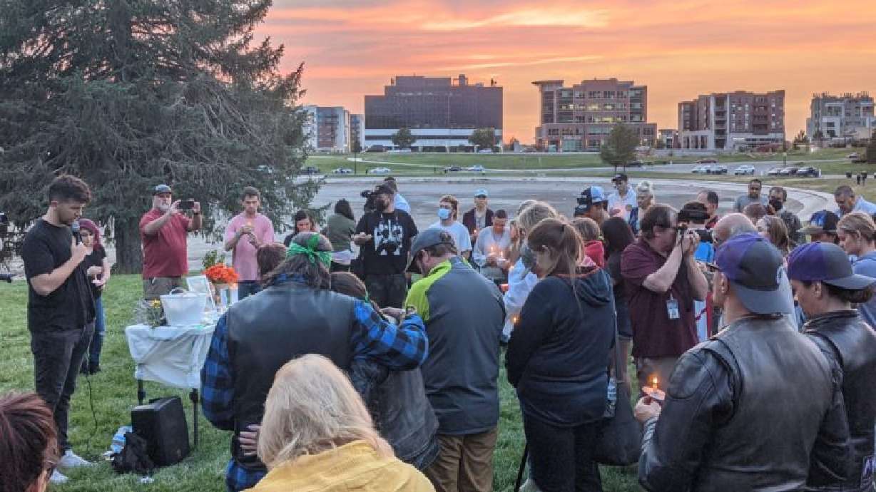 Bryson Davis with K2 The Church offers a prayer at a candlelight vigil to remember Gabby Petito at Sugarhouse Park Wednesday.