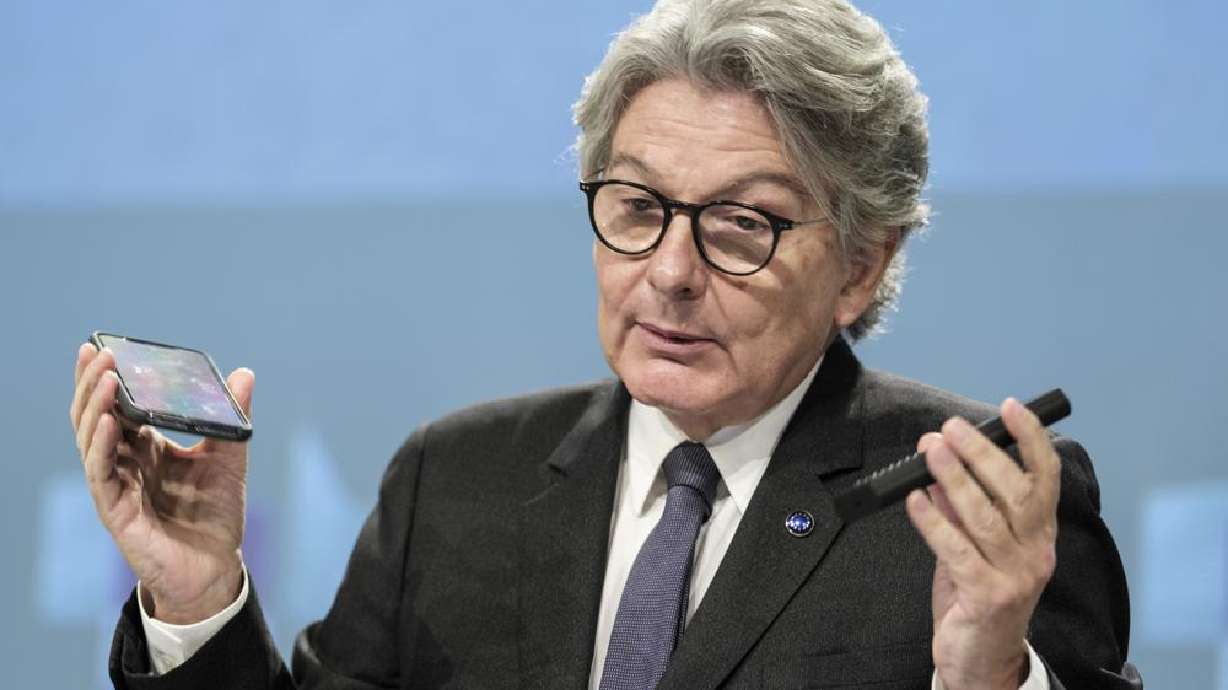 European Commissioner for Internal Market Thierry Breton speaks during a media conference on a common charging solution for mobile phones at EU headquarters in Brussels Thursday.