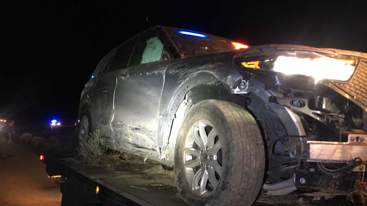 Damage is shown to a Washington County sheriff's car that police say was stolen by a woman after she was stopped for a traffic violation in southern Utah Wednesday.