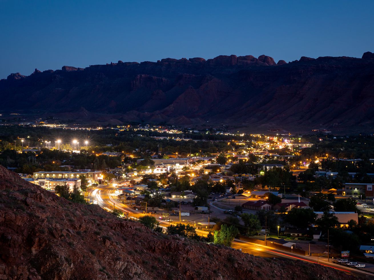 Moab is pictured at dusk on Sept. 17. An unsolved double homicide and Gabby Petito’s final days have cast a dark cloud over the town.