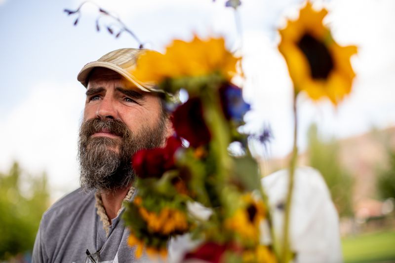 Sean-Paul Schulte talks to journalists on Sunday, Sept.
19, in Moab’s Swanny City Park, where he’s spent much of the
past two weeks seeking community tips in the murder of his
daughter, Kylen Schulte, and her wife, Crystal Turner.