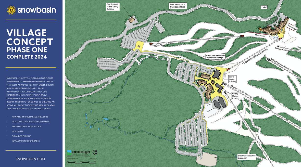 A concept plan map of the first phase of a Snowbasin Resort village master plan to be completed by as early as 2024. It includes a 300-room hotel and new terrain.