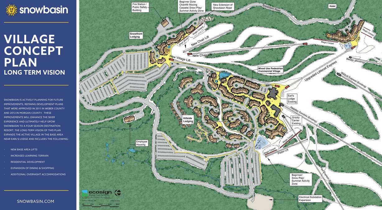A concept plan map for the future of Snowbasin Resort. Construction of a village is expected to begin in 2025 after the first plan of a village master plan is complete.