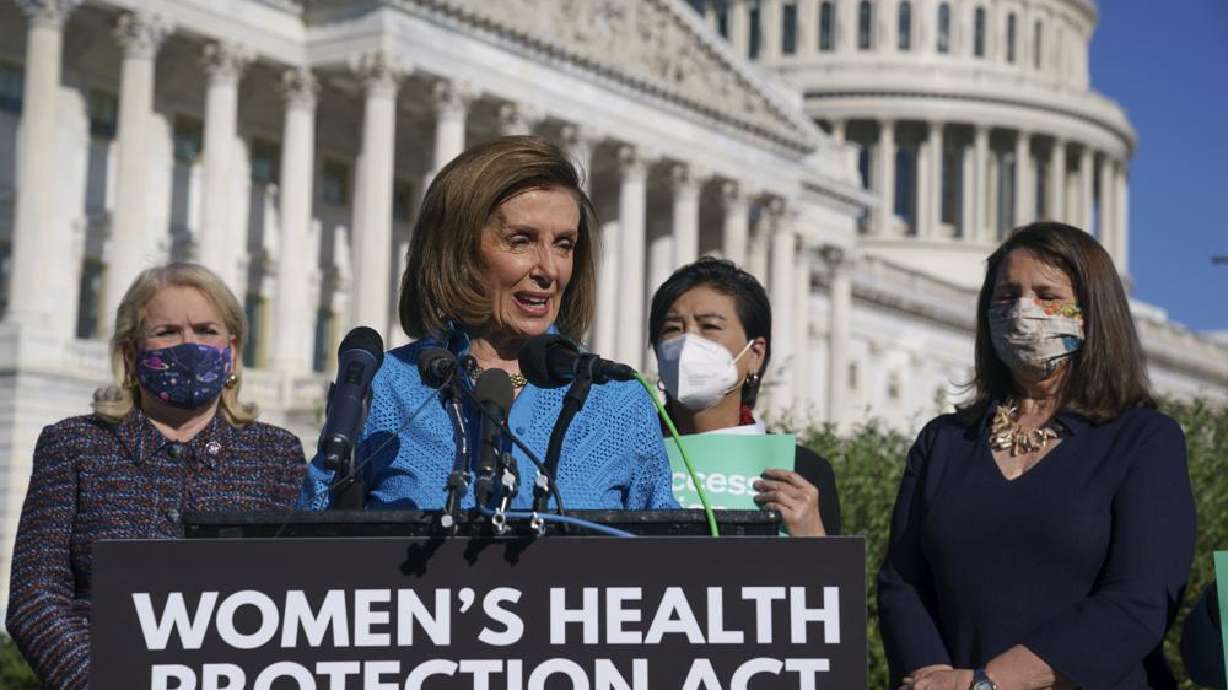 House Speaker Nancy Pelosi joined from left by Rep. Sylvia Garcia, Rep. Judy Chu, and Rep. Diana DeGette holds a news conference just before a House vote on legislation aimed at guaranteeing a woman’s right to an abortion, an effort by House Democrats to circumvent a new Texas law that has placed that access under threat, at the Capitol in Washington on Friday.