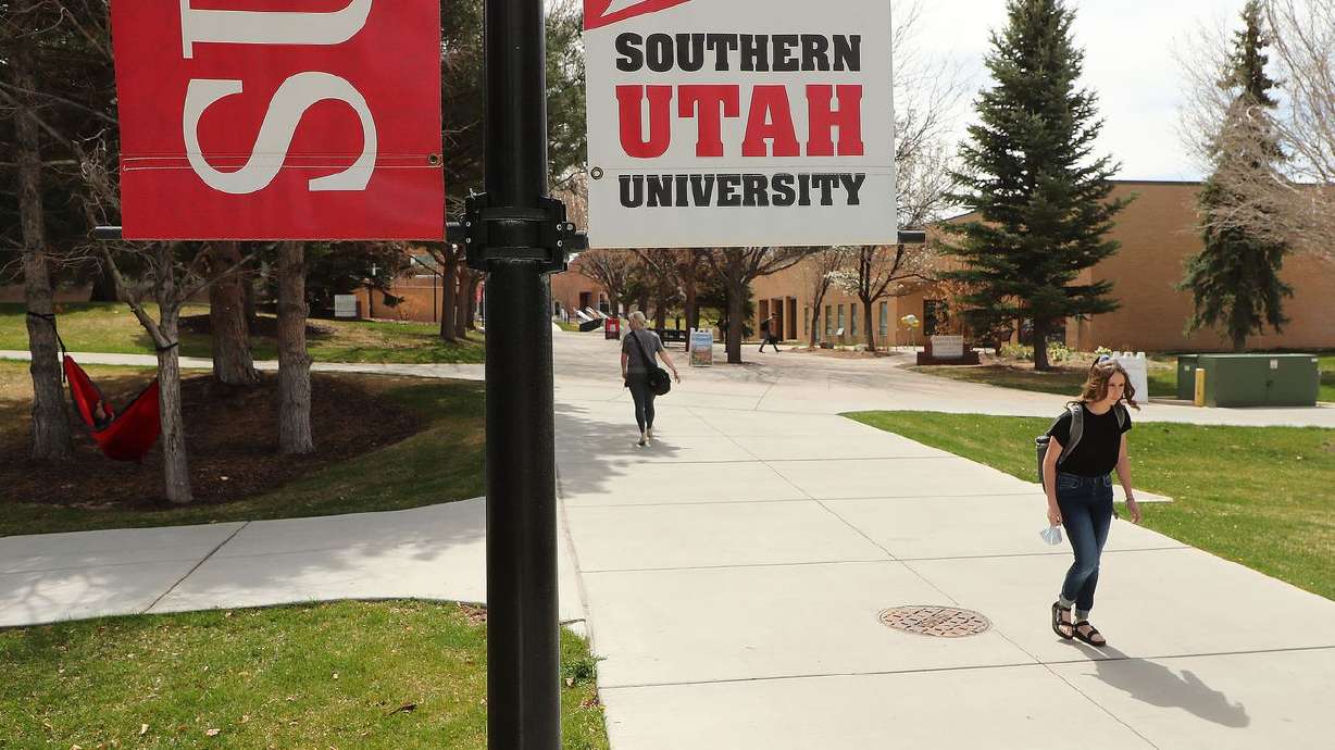 People walk on the Southern Utah University campus in Cedar City on April 7, 2021. Southern Utah University students apparently have something to celebrate: they're living in the most affordable college town in America.
