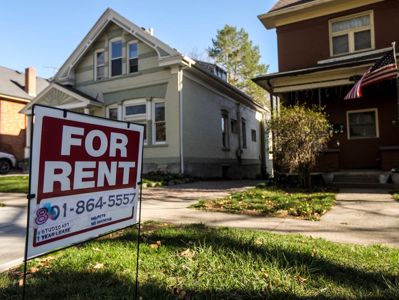 A "For Rent” sign is pictured in Salt Lake City on April 9. Salt Lake County’s median monthly rent cost increased to $1,389 in June, up 12% year over year, according to Realtor.com.