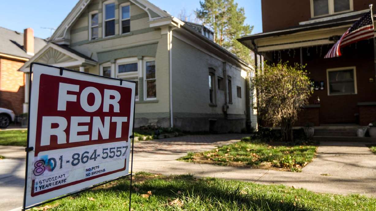 A "For Rent” sign is pictured in Salt Lake City on April 9. Salt Lake County’s median monthly rent cost increased to $1,389 in June, up 12% year over year, according to Realtor.com.