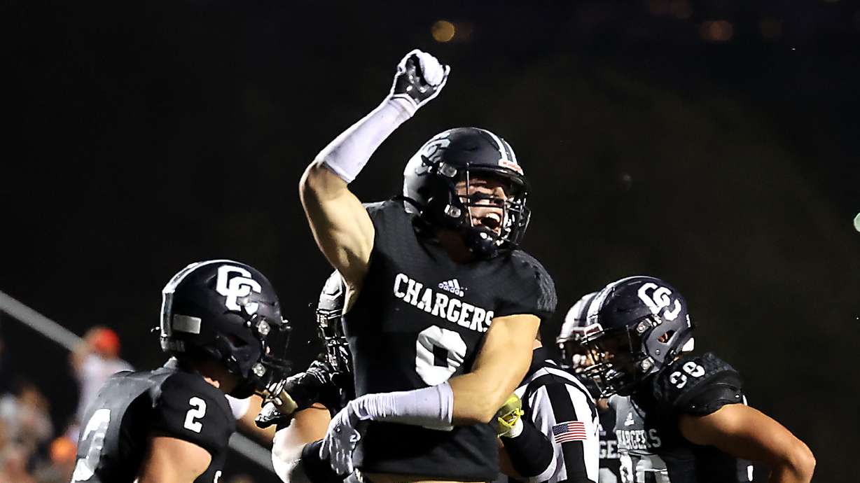 Corner Canyon’s Harrison Taggart celebrates a stop as they and Skyridge play a high school football game at Corner Canyon in Draper on Friday, Sept. 24, 2021. Corner Canyon won 38-23.