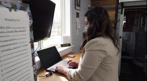 Raven James works and lives in her 320-square-foot tiny home.