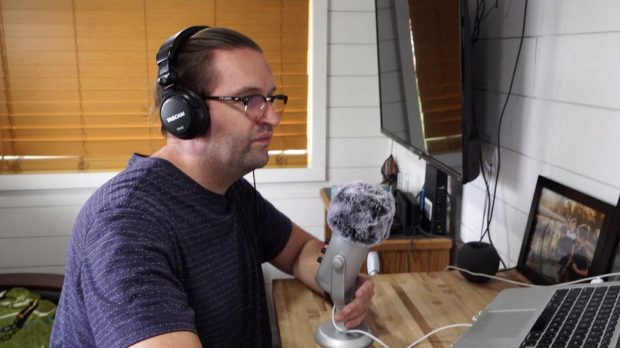Devin Davis podcasts from his tiny home.