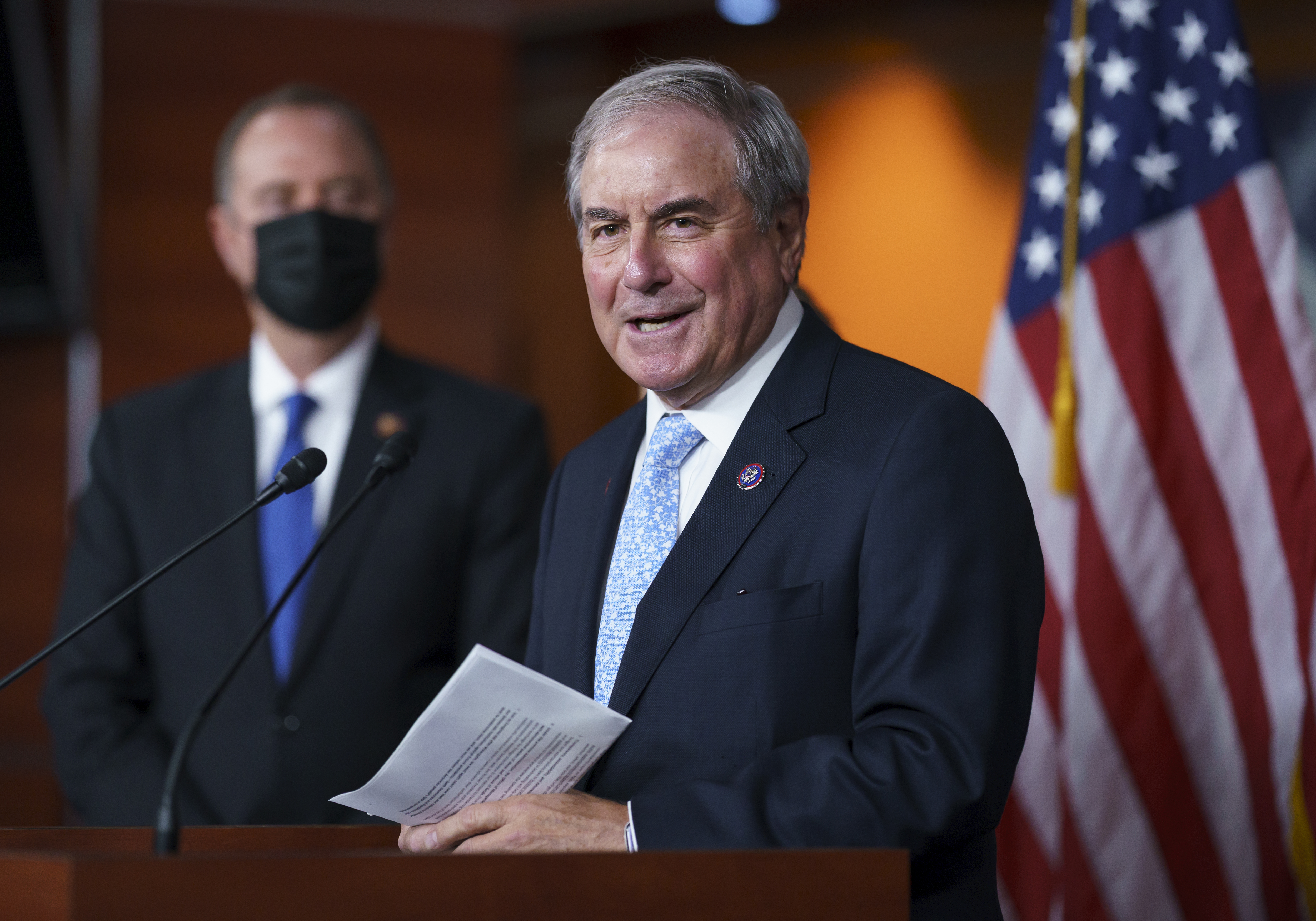 In this Sept. 21 photo, House Budget Committee Chair John Yarmuth joined at left by House Intelligence Committee Chairman Adam Schiff talks to reporters at the Capitol in Washington. Democrats pushed a $3.5 trillion, 10-year bill strengthening social safety net and climate programs through the House Budget Committee on Saturday.