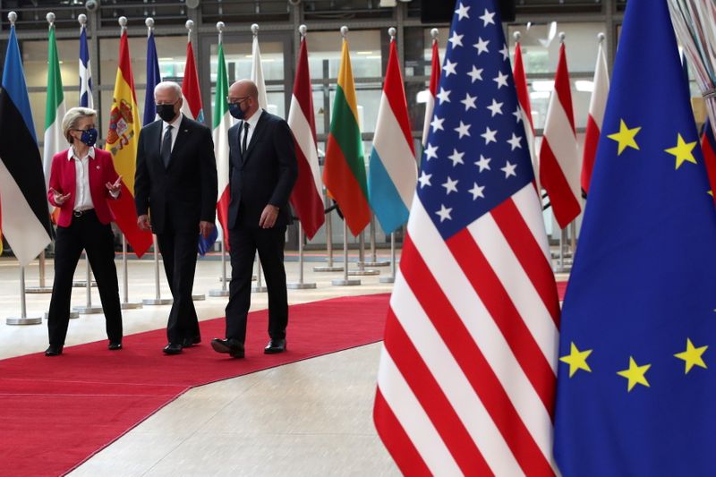 U.S. President Joe Biden walks with European Council President Charles Michel and European Commission President Ursula von der Leyen during the EU-U.S. summit, in Brussels, Belgium June 15.