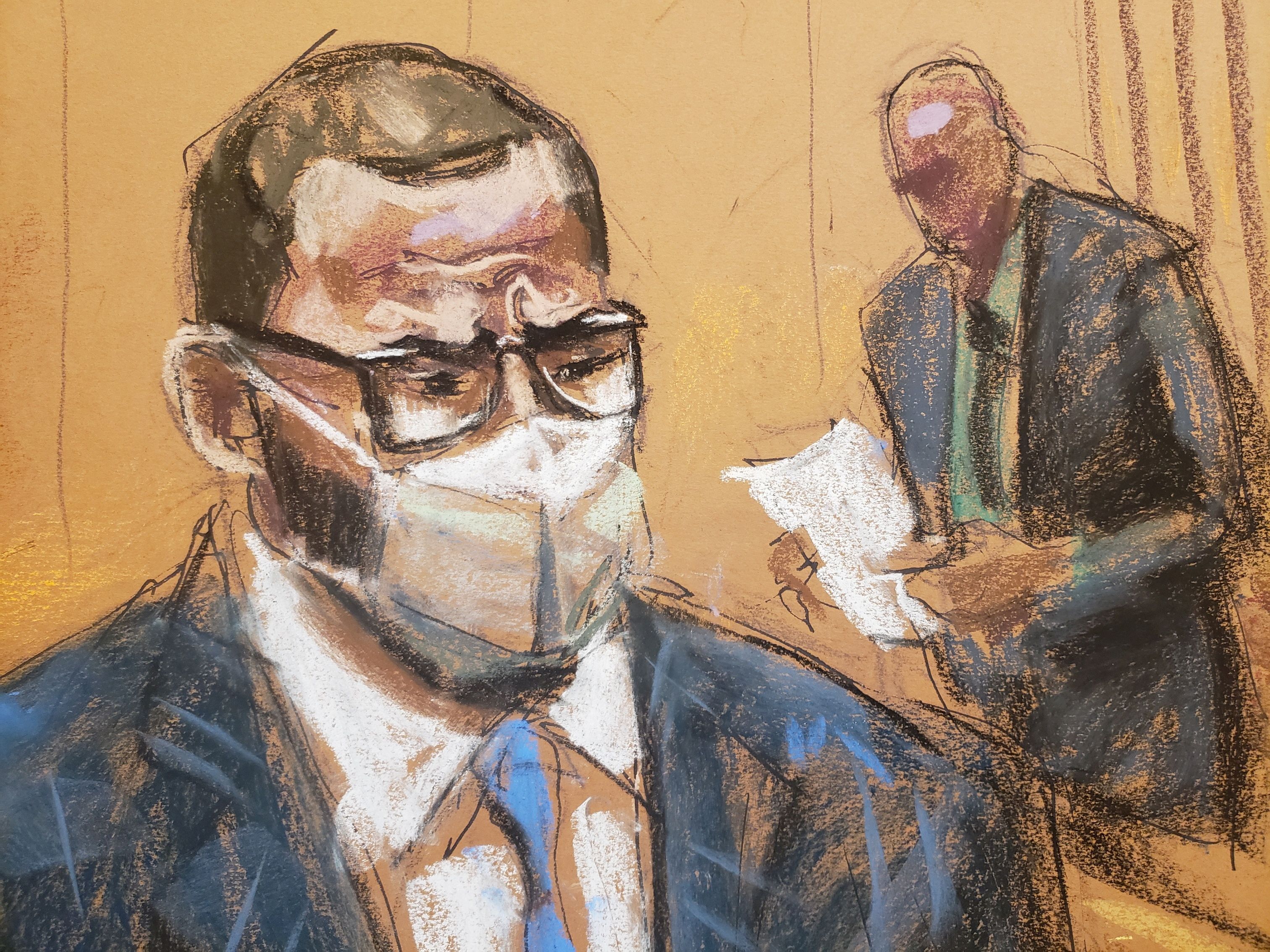 R. Kelly sits as the jury foreman reads the guilty verdict in Kelly's sex abuse trial at Brooklyn's Federal District Court in a courtroom sketch in New York, September 27, 2021.