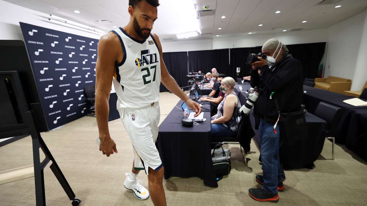 Utah Jazz center Rudy Gobert (27) exits after an interview during the Utah Jazz media media day at Vivint Arena in Salt Lake City on Monday, Sept. 27, 2021.