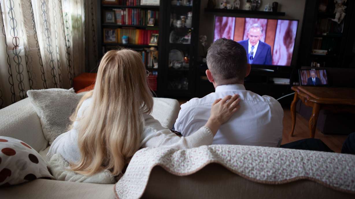 A family in Moscow, Russia, participates in a session of The Church of Jesus Christ of Latter-day Saints' 191st Annual General Conference broadcast on April 3, 2021.