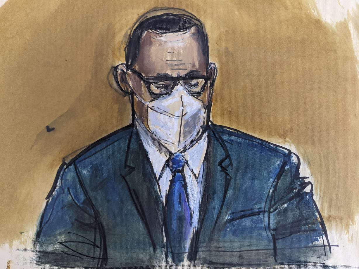 In this courtroom sketch, R. Kelly listens as the jury foreperson reads the verdict, Monday, Sept. 27, 2021, in New York.