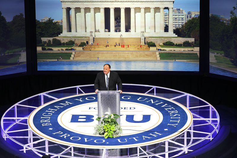 Martin Luther King III speaks during a Brigham Young
University forum at the Marriott Center in Provo on Tuesday.