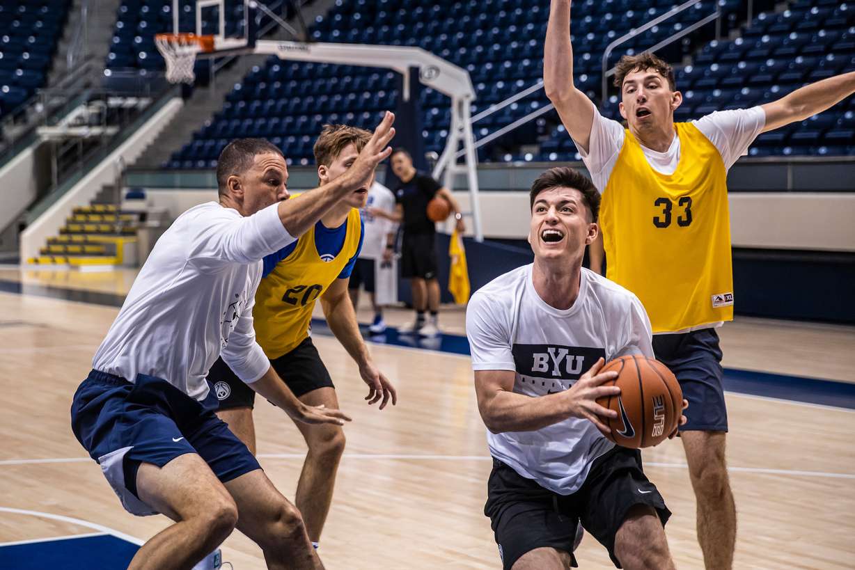 BYU guard Alex Barcello drives to the basket during a workout over the summer. Barcello, a fifth-year senior from Chandler, Arizona, returns to the Cougars for an extra season of eligibility provided by the NCAA due to the COVID-19 pandemic.
