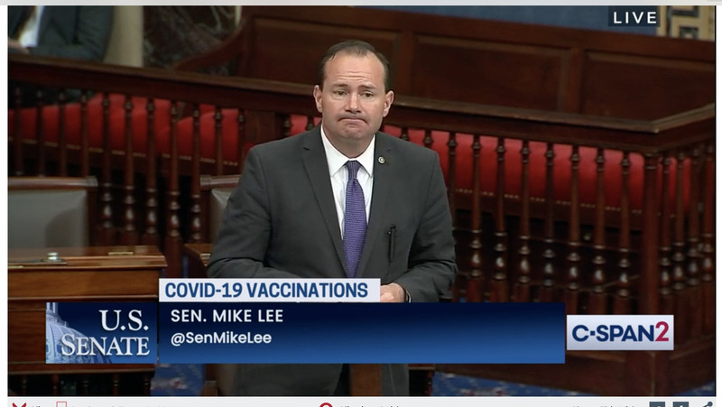 Sen. Mike Lee, R-Utah, speaks on the Senate floor on Wednesday, about his bill that would allow people who suffer injury due to President Joe Biden’s vaccine or testing mandate to sue the federal government.