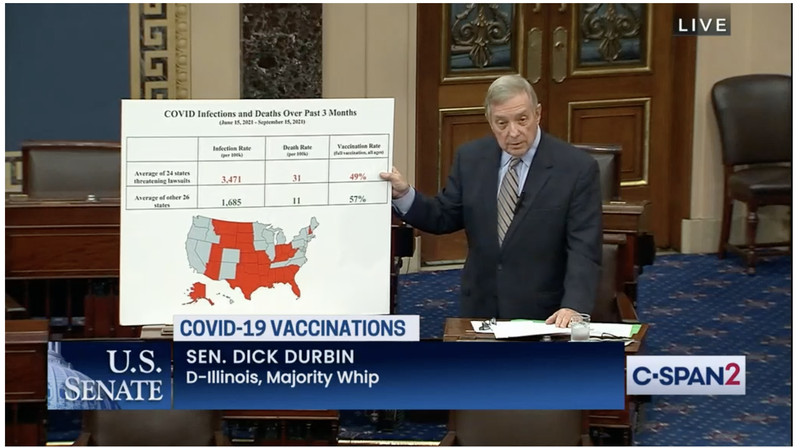 Sen. Dick Durbin, D-Ill., argues against Utah GOP Sen. Mike Lee’s bill to allow people who suffer injury due to President Joe Biden’s vaccine or testing mandate to sue the federal government on Wednesday.
