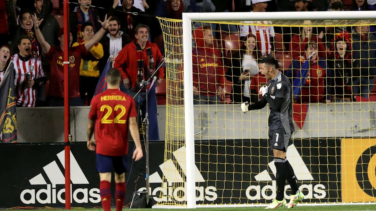 Real Salt Lake goalkeeper David Ochoa (1) celebrates a stop as Real Salt Lake and LA Galaxy play at Rio Tinto Stadium in Sandy on Wednesday, Sept. 29, 2021. RSL won 2-1.