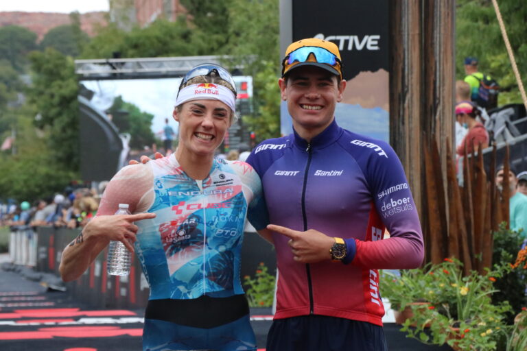 Women’s pro winner Lucy Charles-Barclay and men’s pro winner Gustav Iden at the finish line, Ironman 70.3 World Championship in St. George on Sept. 18. The economic impact of the race will resonate throughout Washington County in the months to come.
