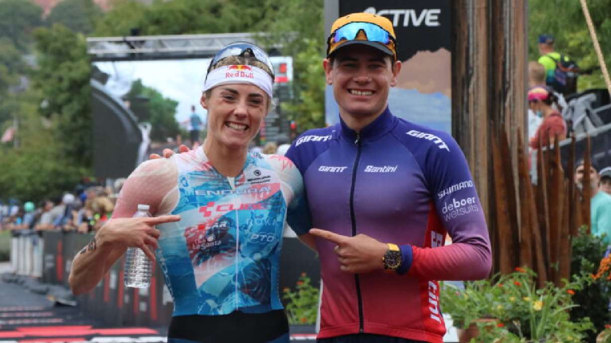 Women’s pro winner Lucy Charles-Barclay and men’s pro winner Gustav Iden at the finish line, Ironman 70.3 World Championship in St. George on Sept. 18. The economic impact of the race will resonate throughout Washington County in the months to come.