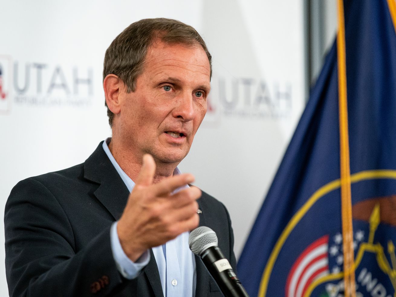 Rep. Chris Stewart, R-Utah, speaks at an election night event for Republican candidates in at the Utah Association of
Realtors building in Sandy on Nov. 3, 2020. Stewart says he won’t be attending Utah Jazz games this season and possibly beyond because of the new COVID-19 vaccination policy at Vivint Arena.