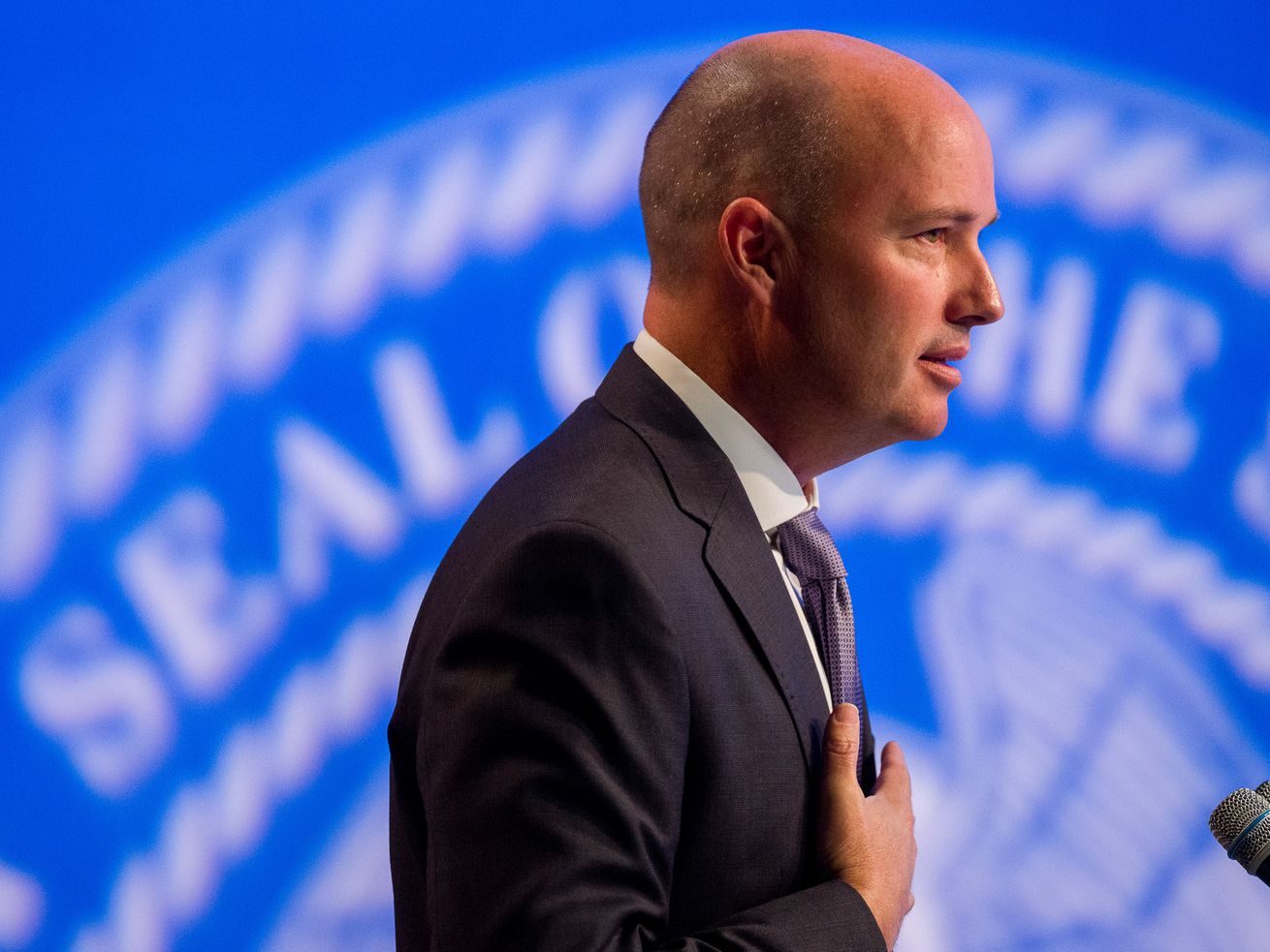 Gov. Spencer Cox speaks at his monthly news conference
at PBS Utah in Salt Lake City on Thursday.