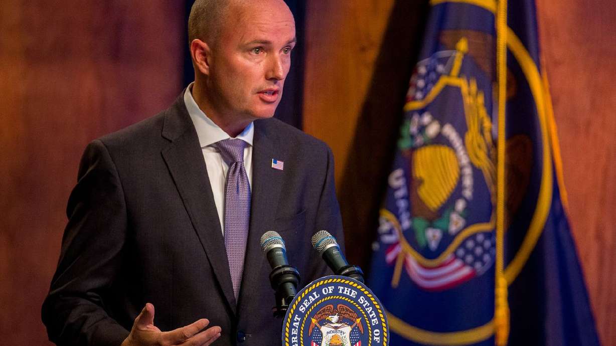 Gov. Spencer Cox speaks at his monthly news conference in Salt Lake City on Thursday.