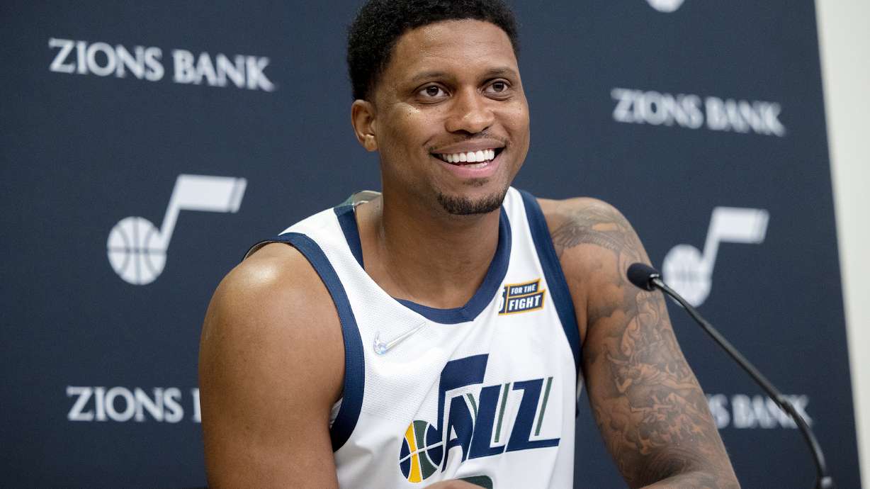 Utah Jazz forward Rudy Gay (8) smiles as he talks during Utah Jazz media media day at Vivint Arena in Salt Lake City on Monday, Sept. 27, 2021.