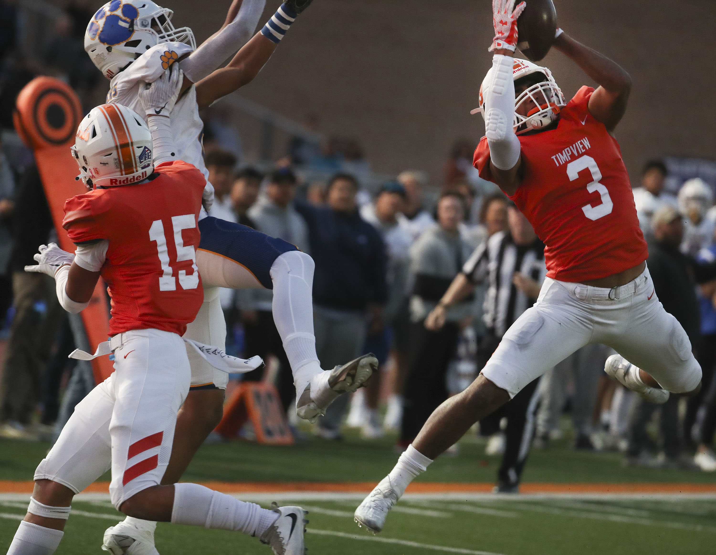 Timpview’s Jacob Turgavou (3) intercepts a pass intended for Orem’s Roger Saleapaga (6) in the first half at Timpview High in Orem on Thursday, Sept. 30, 2021.
